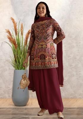 Wine Embroidered Crepe Kurta Set