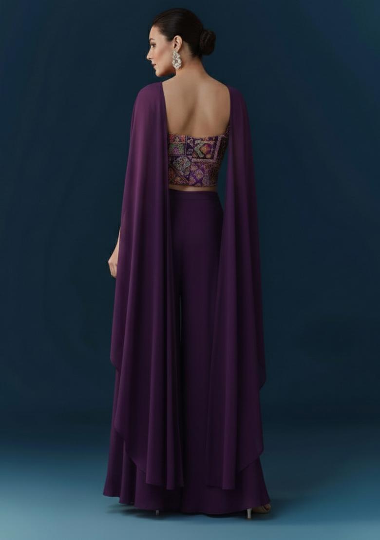 Purple Abstract Print Crepe Fusion Set - Indya