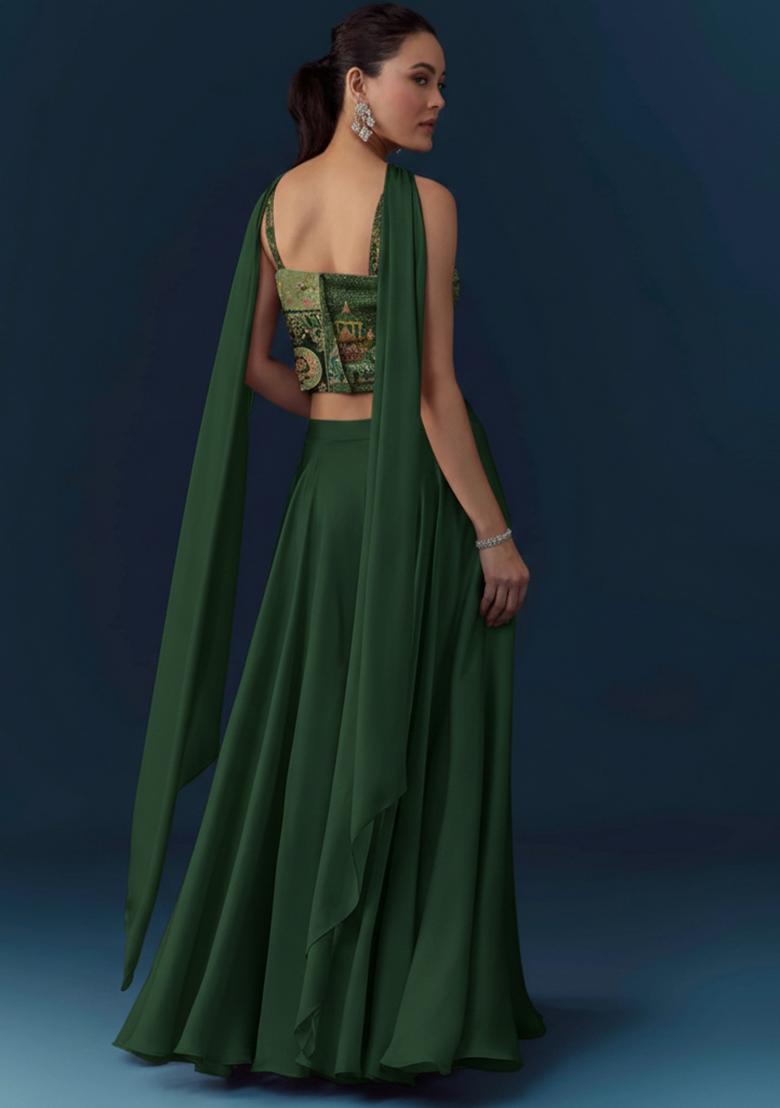 Bottle Green Abstract Print Crepe Fusion Set - Indya