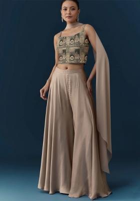 Beige Abstract Print Crepe Fusion Set