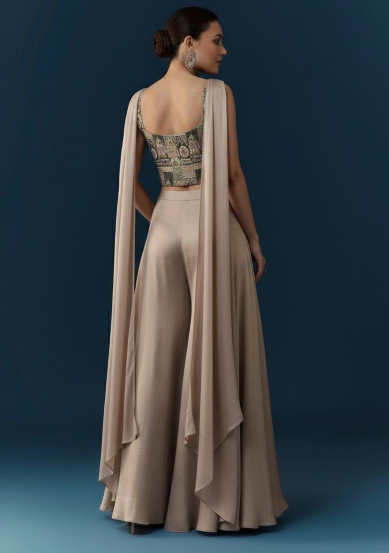 Beige Abstract Print Crepe Fusion Set - Indya