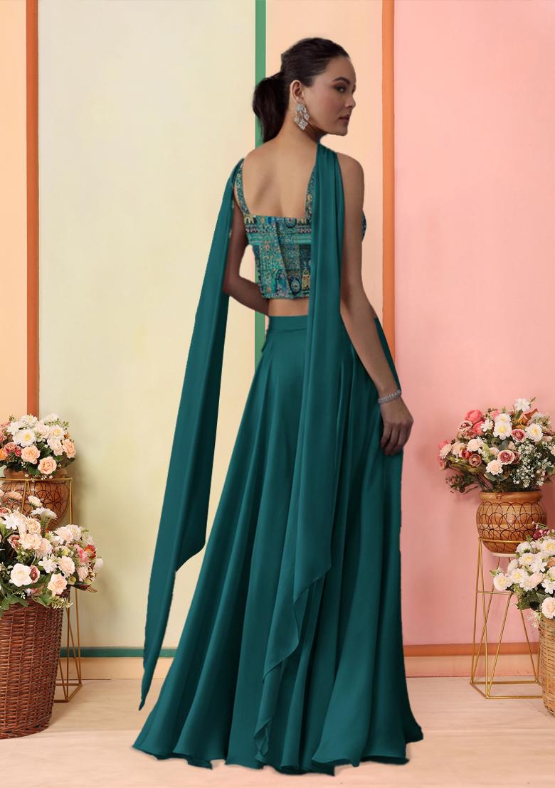 Blue Abstract Print Crepe Fusion Set - Indya