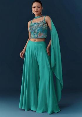 Bright Blue Abstract Print Crepe Fusion Set