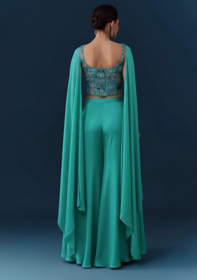 Bright Blue Abstract Print Crepe Fusion Set - Indya