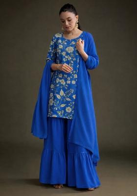 Royal Blue Floral Print Crepe Sharara Set
