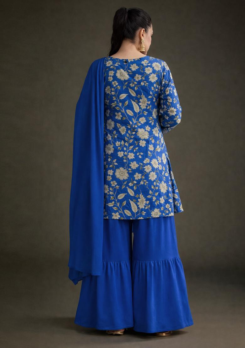 Royal Blue Floral Print Crepe Sharara Set - Indya