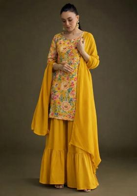 Yellow Floral Print Crepe Sharara Set