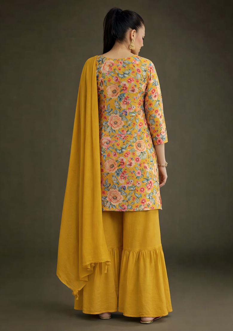Yellow Floral Print Crepe Sharara Set - Indya