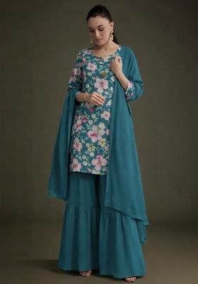 Teal Blue Floral Print Crepe Sharara Set