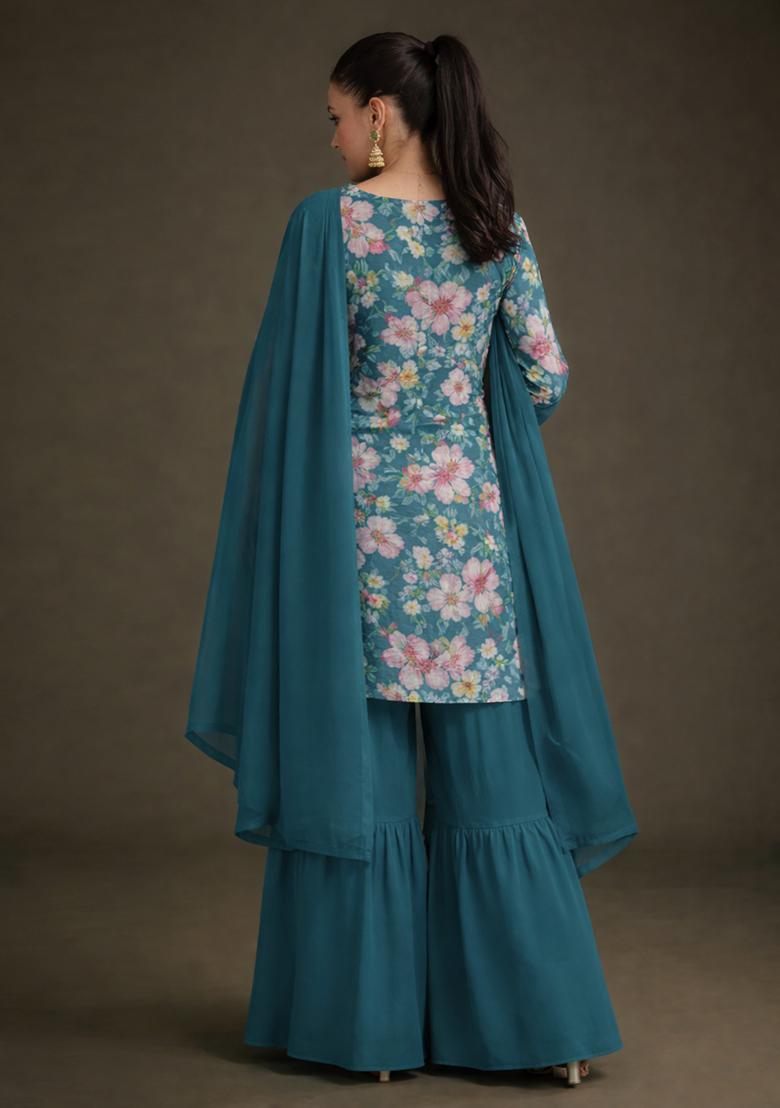Teal Blue Floral Print Crepe Sharara Set - Indya