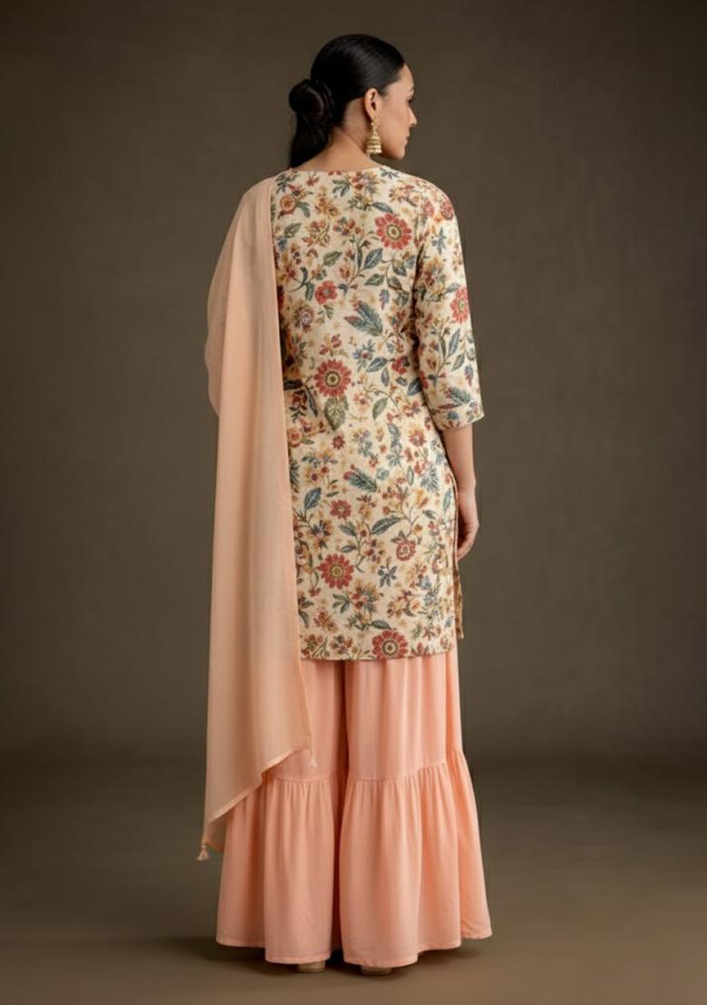Peach Floral Print Crepe Sharara Set - Indya