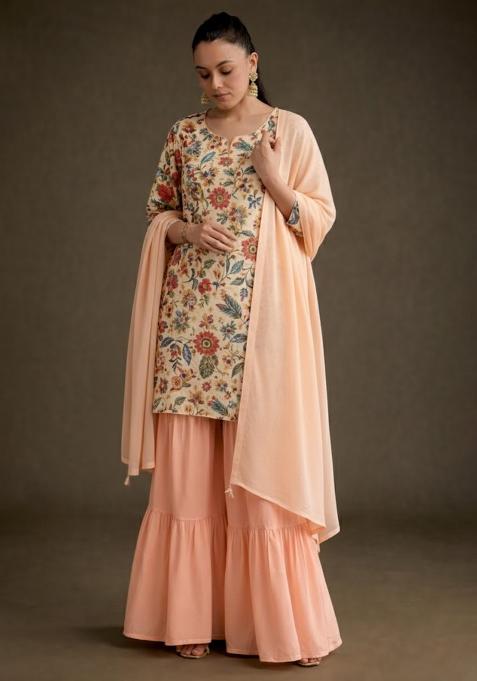 Peach Floral Print Crepe Sharara Set