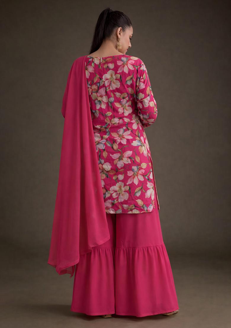 Rani Pink Floral Print Crepe Sharara Set - Indya