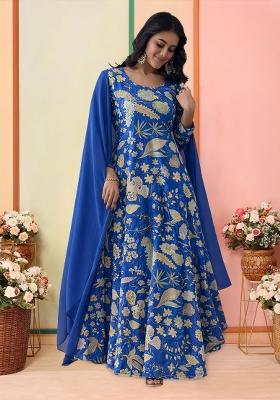 Royal Blue Floral Print Crepe Anarkali With Dupatta