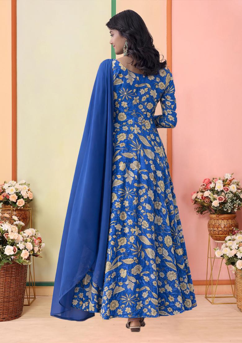 Royal Blue Floral Print Crepe Anarkali With Dupatta - Indya