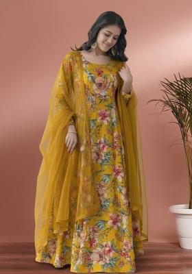 Yellow Floral Print Crepe Anarkali With Dupatta