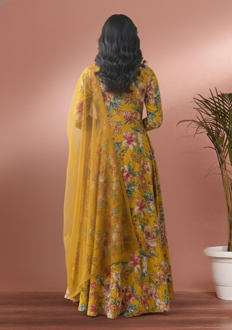 Yellow Floral Print Crepe Anarkali With Dupatta - Indya