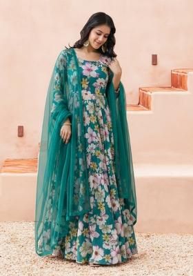 Teal Green Floral Print Crepe Anarkali With Dupatta