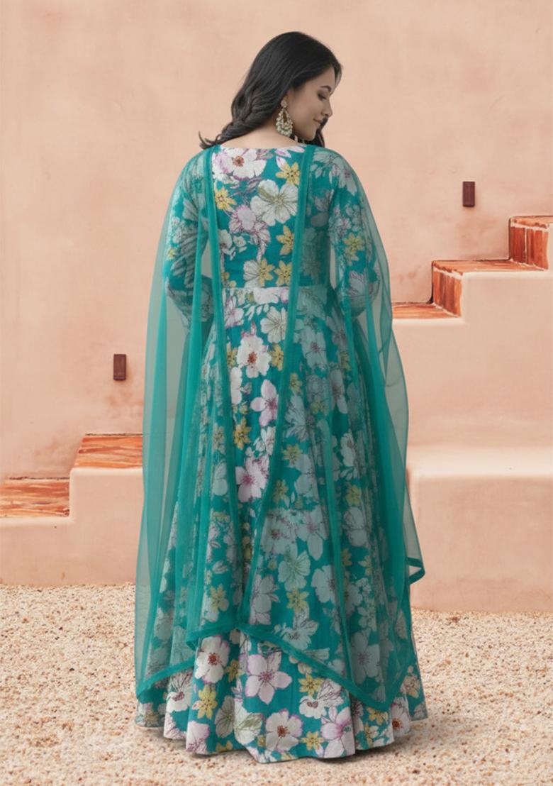 Teal Green Floral Print Crepe Anarkali With Dupatta - Indya