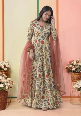 White Floral Print Crepe Anarkali With Dupatta
