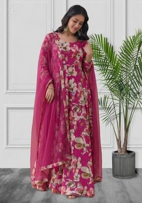 Rani Pink Floral Print Crepe Anarkali With Dupatta