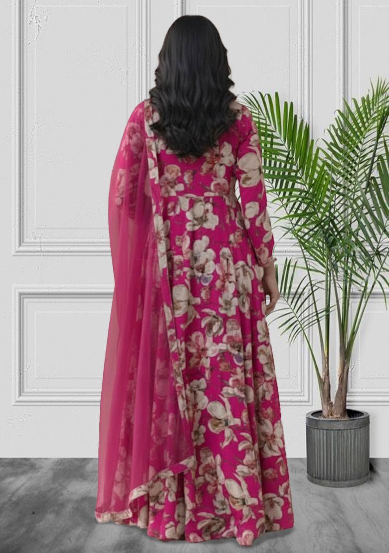 Rani Pink Floral Print Crepe Anarkali With Dupatta - Indya