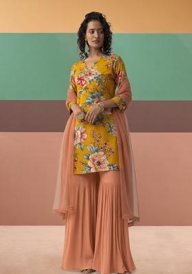 Yellow Floral Print Crepe Sharara Set
