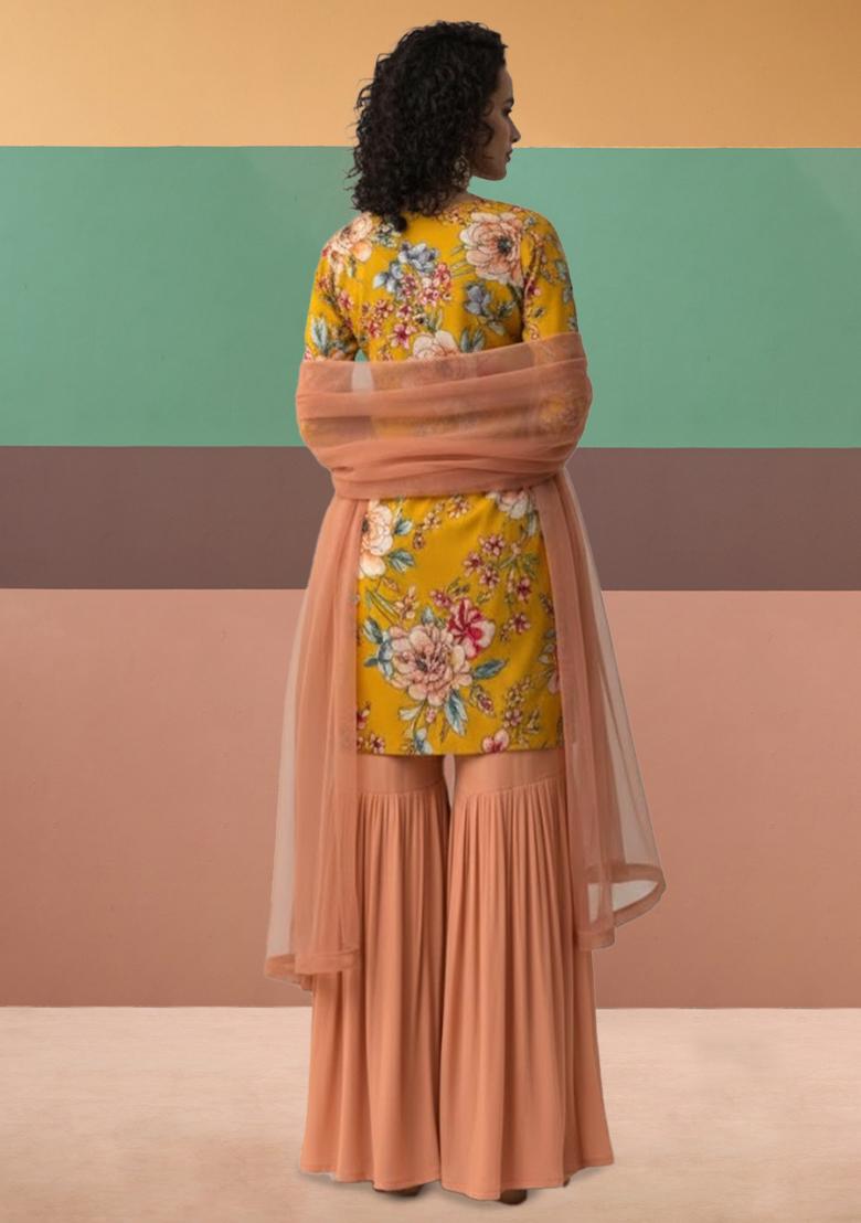 Yellow Floral Print Crepe Sharara Set - Indya