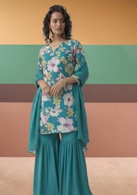 Teal Blue Floral Print Crepe Sharara Set