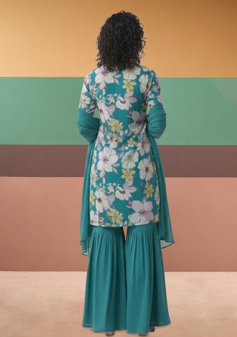 Teal Blue Floral Print Crepe Sharara Set - Indya