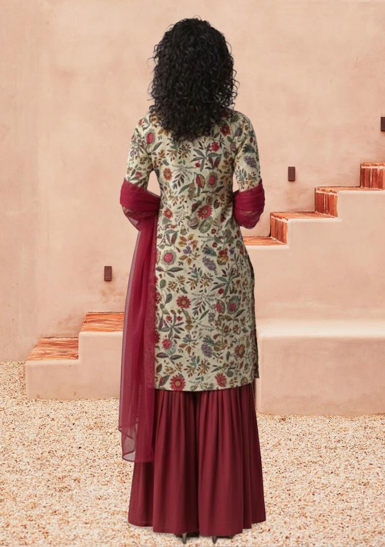 Wine Floral Print Crepe Sharara Set - Indya
