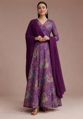 Purple Floral Print Chinon Anarkali With Dupatta