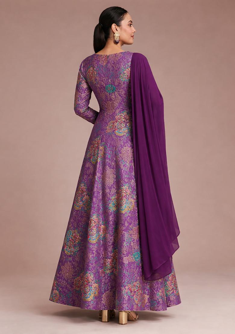 Purple Floral Print Chinon Anarkali With Dupatta - Indya