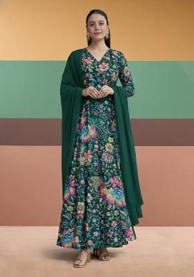 Bottle Green Floral Print Chinon Anarkali With Dupatta