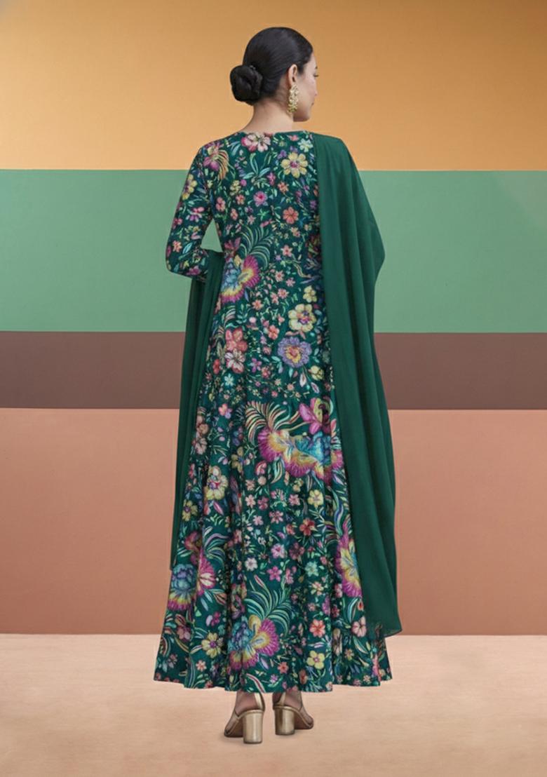 Bottle Green Floral Print Chinon Anarkali With Dupatta - Indya