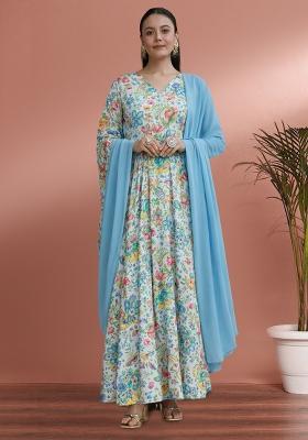 Blue Floral Print Chinon Anarkali With Dupatta