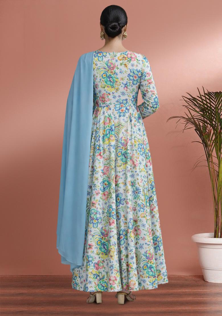 Blue Floral Print Chinon Anarkali With Dupatta - Indya