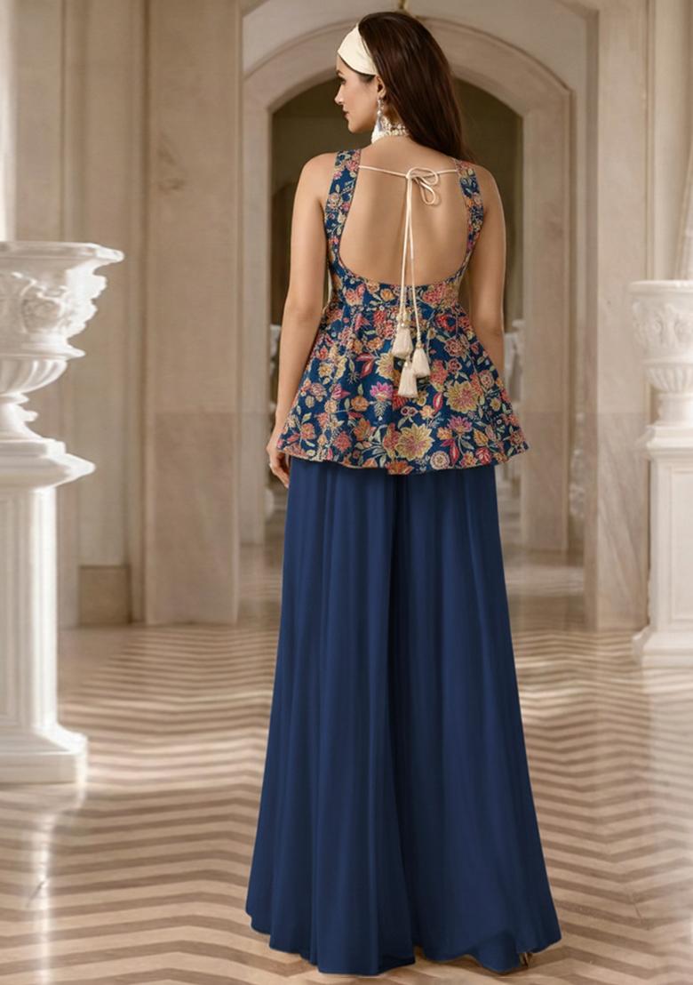 Navy Blue Floral Print Crepe Sharara Set - Indya