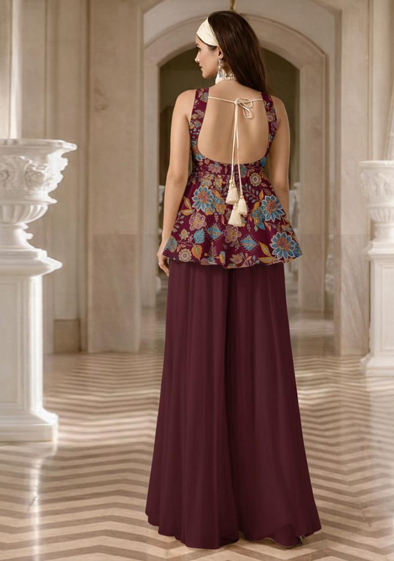 Wine Floral Print Crepe Sharara Set - Indya