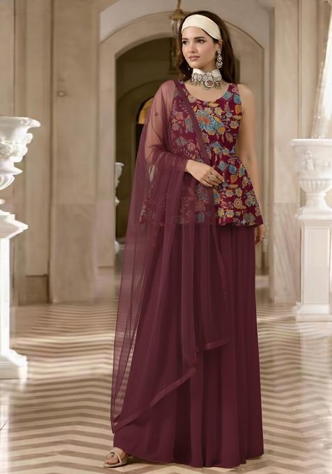 Wine Floral Print Crepe Sharara Set