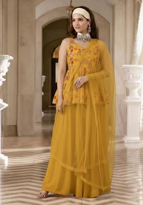 Mustard Yellow Floral Print Crepe Sharara Set