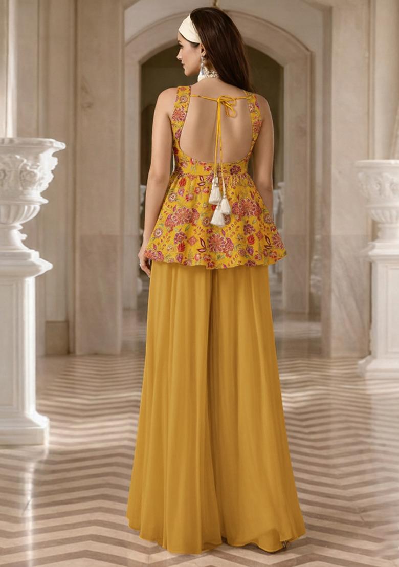 Mustard Yellow Floral Print Crepe Sharara Set - Indya