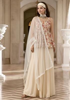 Ivory Floral Print Crepe Sharara Set