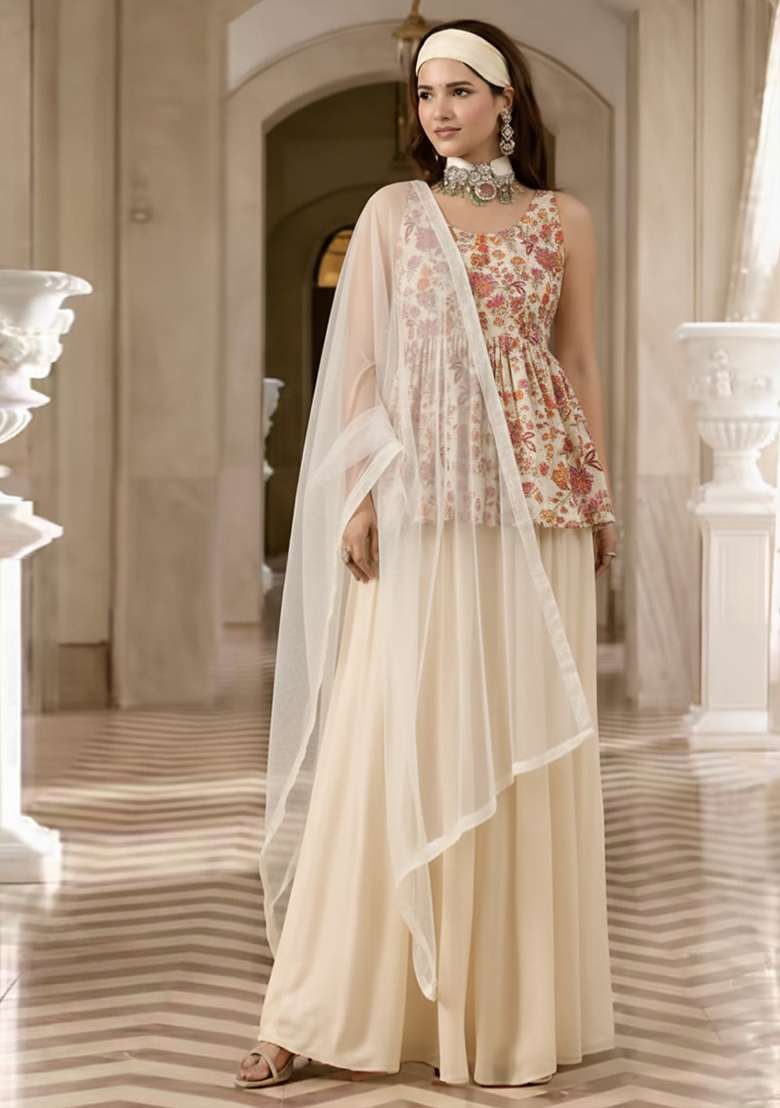Ivory Floral Print Crepe Sharara Set - Indya
