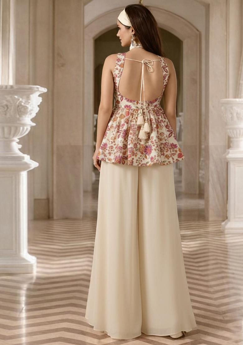 Ivory Floral Print Crepe Sharara Set - Indya