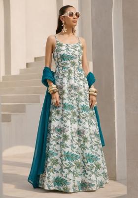 Deep Teal Floral Print Crepe Anarkali With Dupatta