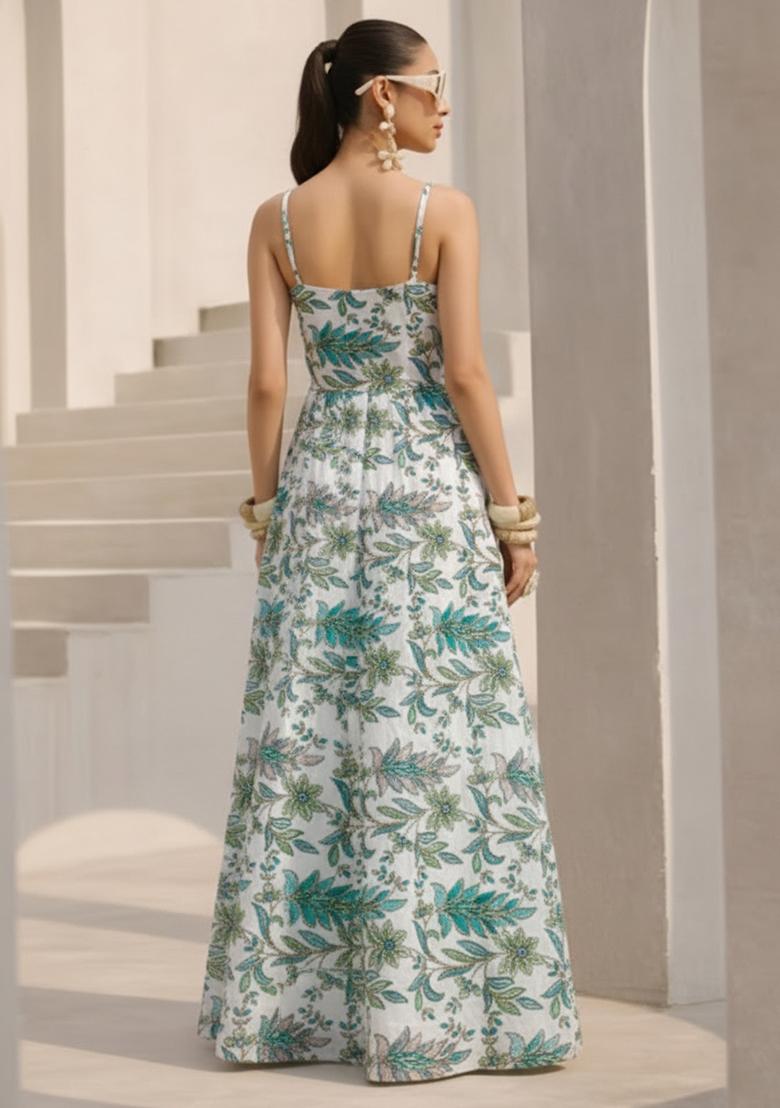 Deep Teal Floral Print Crepe Anarkali With Dupatta - Indya