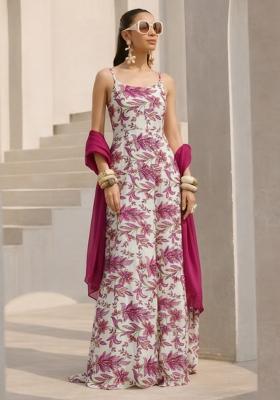 Rani Pink Floral Print Crepe Anarkali With Dupatta