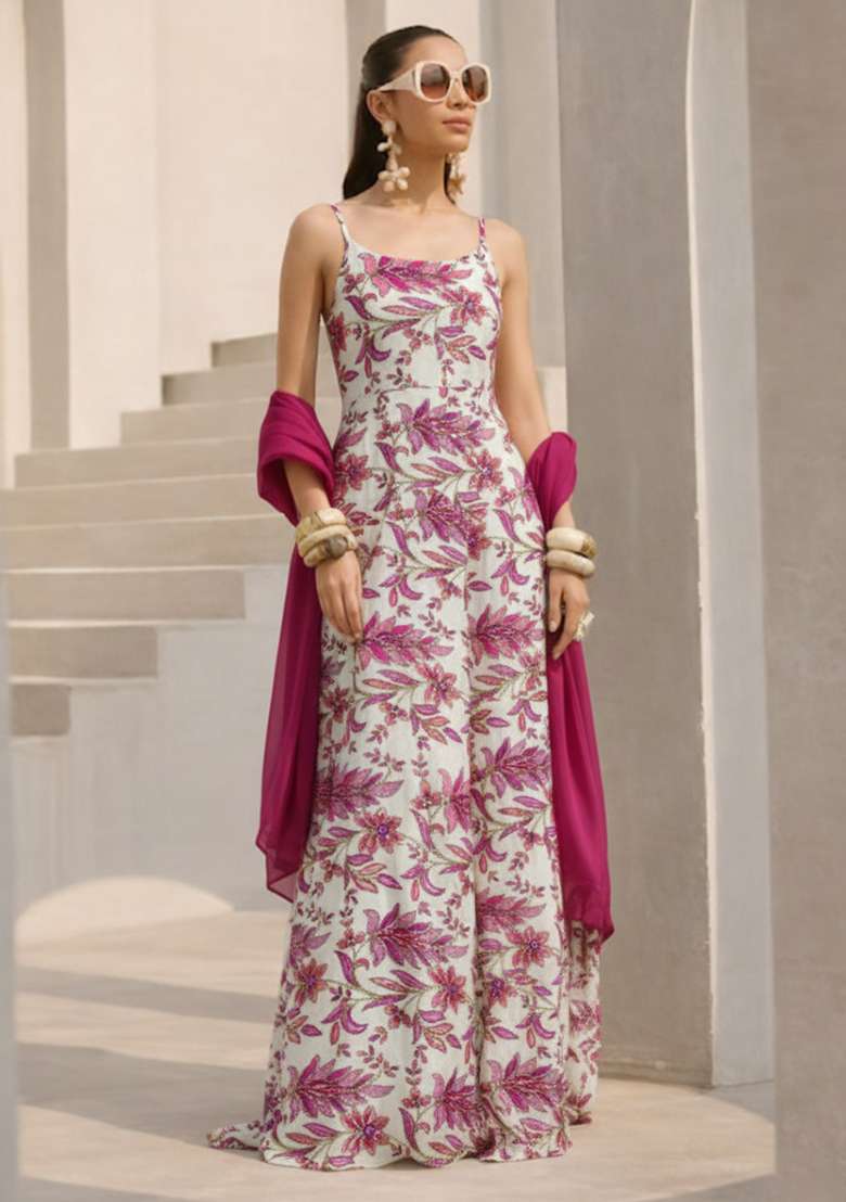 Rani Pink Floral Print Crepe Anarkali With Dupatta - Indya