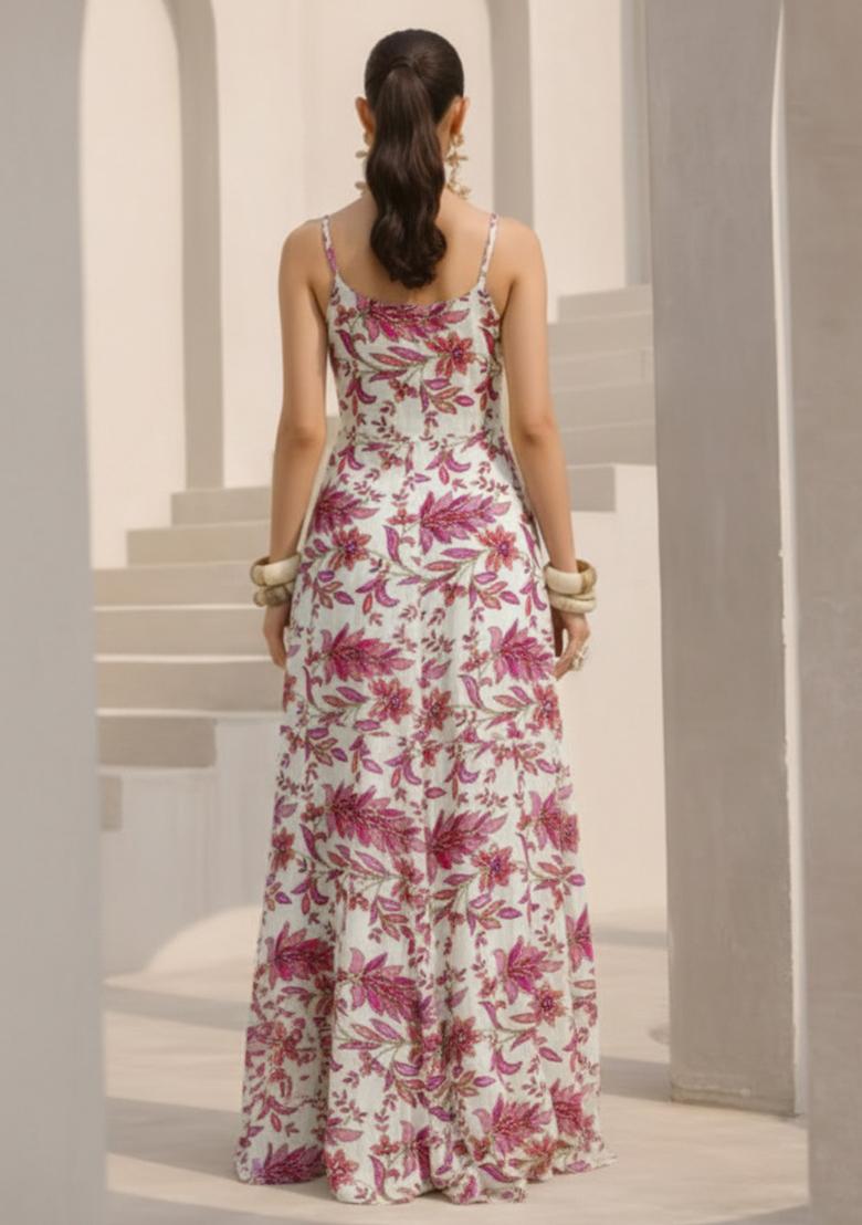 Rani Pink Floral Print Crepe Anarkali With Dupatta - Indya